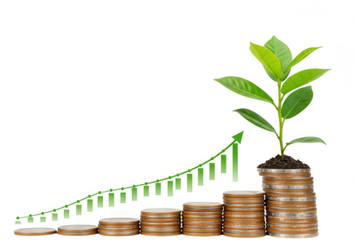 Green plant growing from stack of coins illustrating financial growth and investment success isolated on transparent background - Powered by Adobe