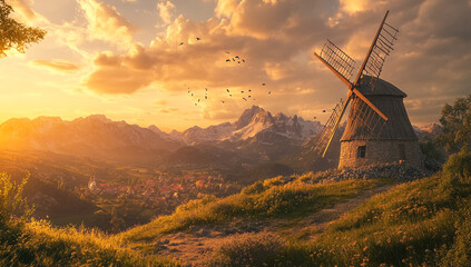 Idyllic european countryside with a historic windmill at sunset casting golden light over rolling hills and distant mountains