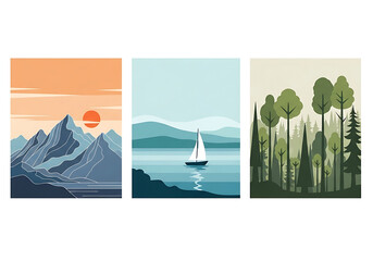 Three Minimalist Landscape Prints Mountains Lake Forest Sunset Sailboat