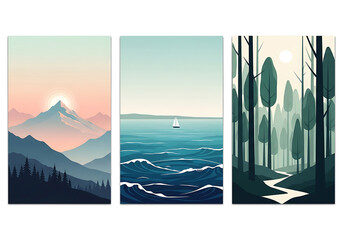 Three Minimalist Landscape Prints Mountains Ocean Forest