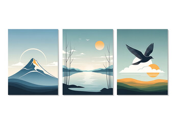 Blue Mountain Lake Sunset Bird Triptych Minimalist Art Print