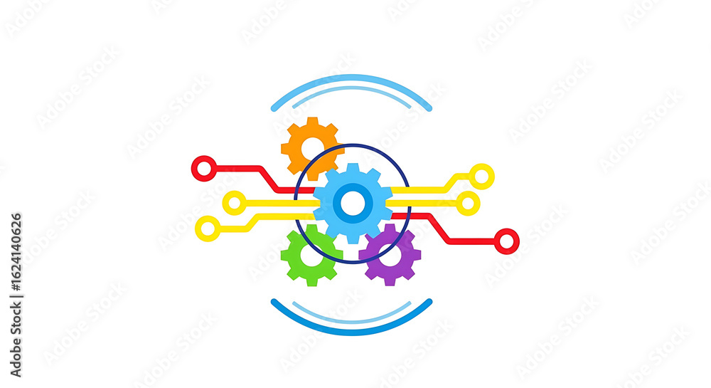 Poster colorful gears interconnected with circuits forming a technology and engineering concept design elem
