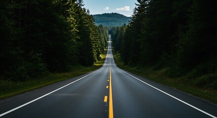 A winding empty road stretches into the distance through a dense green forest under a bright blue sky, symbolizing freedom, solitude, and natural beauty.