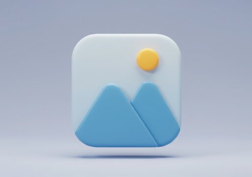 3d illustration of a minimalist 3d icon representing a gallery or image, featuring stylized mountains and a sun against a soft blue background