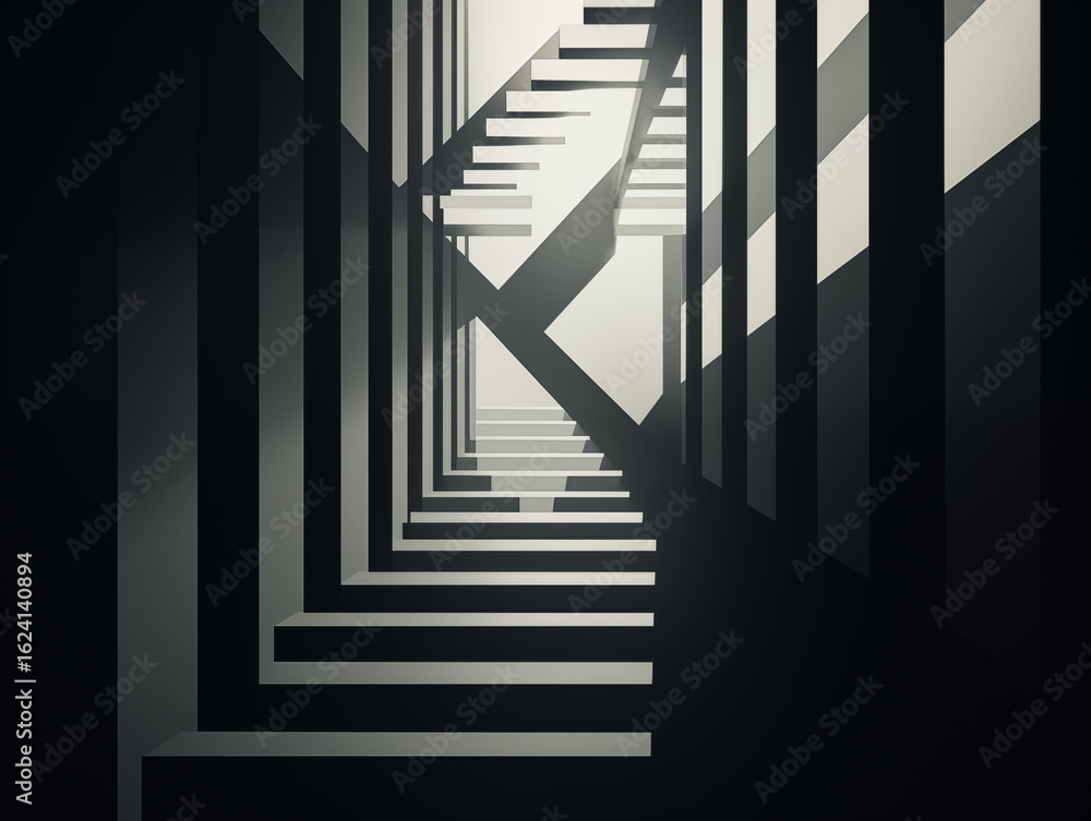 Poster ascend through dramatic light and shadow on a modern abstract architectural staircase design