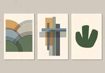 Abstract Geometric Wall Art Set Green Blue Mustard Yellow
