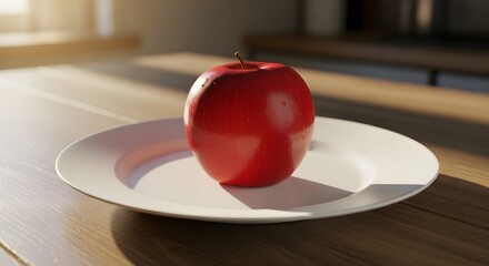 A gleaming red apple sits on a white plate on a wooden table.