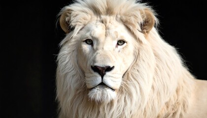 Fototapeta premium Majestic White Lion Stares Intently with Closeup Portrait Against Dark Background.