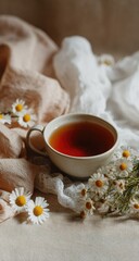 Warm tea cup, chamomile flowers, linens