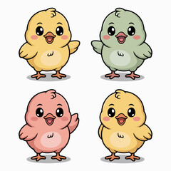 Illustration of adorable cartoon chicken characters isolated on white background, featuring a delightful collection of cute chick illustrations perfect for childrens designs and cheerful