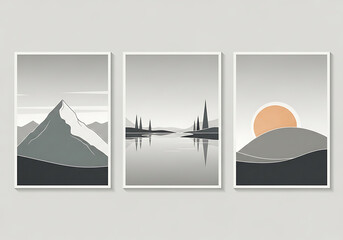 Grey Scale Mountain Lake Sunset Minimalist Art Prints