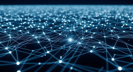 Blue Glowing Network of Interconnected Nodes and Lines in Abstract Digital Background