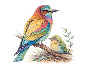 watercolor mother nightingale with her kid vector illustration isolated on white background