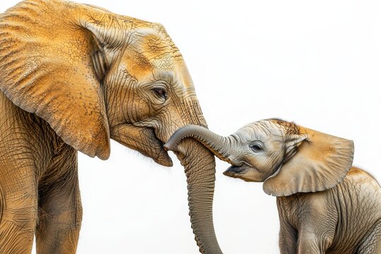 Mother and Baby Elephant Trunks Embrace on White Background