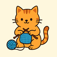Illustration of a charming illustration of an orange tabby cat engrossed in knitting, with a ball of yarn nearby, showcasing a cozy and creative scene, perfect for illustrating hobbies and