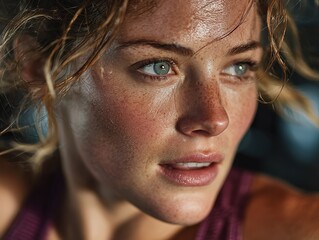 Freckled Runner Determination: Sweat-Glowing Focus in Violet Sports Bra On Black Void, Gaze Intensity for Body Positivity Campaigns, Fitness Brand Values Visuals