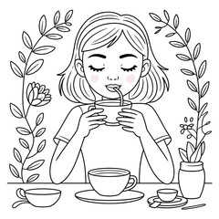 ‎A line art A girl drinks tea. illustration of a coloring page
