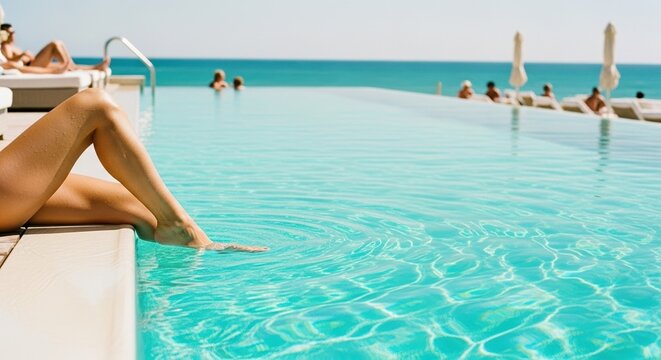Tanned legs by turquoise infinity pool overlooking ocean, capturing luxury vacation lifestyle, coastal destination leisure, and Mediterranean escape
