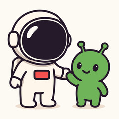 Illustration of cute astronaut in spacesuit meeting an alien, exploring outer space and making new friends, a cartoon illustration on a white background