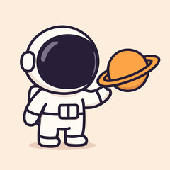 Illustration of a charming cartoon astronaut playfully presents a bright orange planet adorned with prominent rings, symbolizing the joy of space exploration and the endless fascination