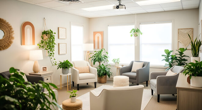 Serene waiting room with comfortable seating and abundant natural light, creating a tranquil atmosphere for clients.