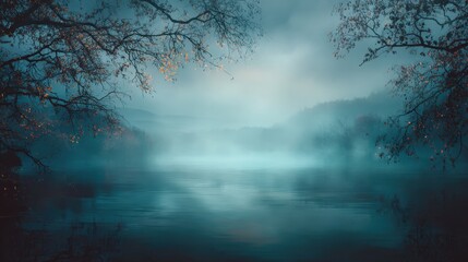 Mystic Lake Serenity: A tranquil lake is enveloped in a captivating mist, creating an ethereal atmosphere. The muted colors and hazy atmosphere evoke a sense of peace and mystery. 