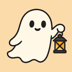 Illustration of a charming cartoon ghost gracefully floats, holding a vintage lantern, casting a warm glow on a spooky halloween night, a delightful vector illustration for festive