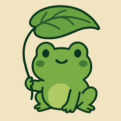 Illustration of a charming cartoon frog illustration, showcasing a cute and happy amphibian character holding a leaf as an umbrella, perfect for childrens designs and playful graphics,