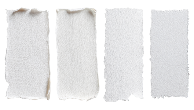 Four rectangular, off-white paper pieces, torn edges