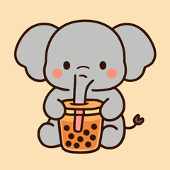 Illustration of a cute cartoon elephant is enjoying a refreshing bubble tea, its trunk playfully wrapped around the cup, creating an adorable and whimsical scene perfect for childrens