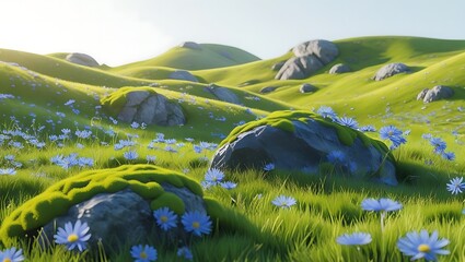 Lush green rolling hills dotted with small blue flowers and moss covered rocks under a bright sky nature