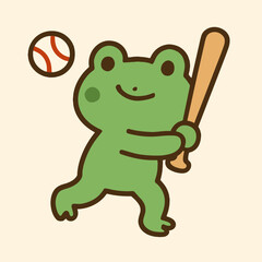 Illustration of a cute frog playing baseball, holding a bat and ready to hit the ball, cartoon character with a happy expression, perfect for childrens books and educational materials