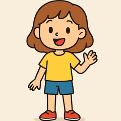 Illustration of a charming cartoon girl with a cheerful smile, waving her hand in a friendly greeting, radiating happiness and positivity, a delightful illustration of childhood joy and