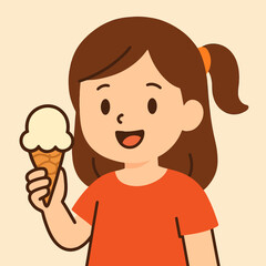 Illustration of a delightful cartoon girl with a sweet ice cream cone, radiating happiness and joy, a charming illustration of childhood innocence and summer fun, a cheerful and positive