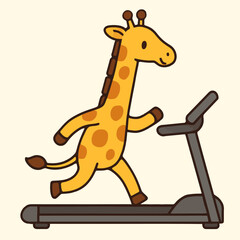 Illustration of a giraffe running on a treadmill, cartoon character exercising and staying fit, perfect for promoting healthy lifestyle and fitness, funny and motivational image for gym and