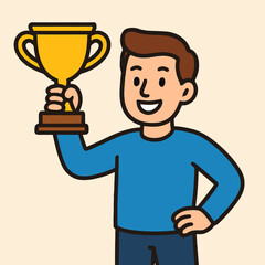 Illustration of a cartoon man holding a trophy, an illustration of success and achievement, celebrating victory with joy and pride, a symbol of motivation and reward for hard work