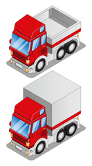 A set of different funny trucks. Isometric. Isolated on white background. Vector illustration. 