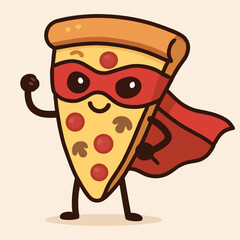 Illustration of a cartoon pizza slice superhero with a red mask and cape, standing in a heroic pose, embodying the fun and deliciousness of italian cuisine, perfect for a comic or