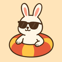 Illustration of cute cartoon rabbit in sunglasses floating on a ring adorable bunny character enjoying summer vacation, perfect for holidaythemed designs and relaxing illustrations