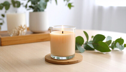 A small aroma candle lit in a cozy minimalist interior with soft evening light