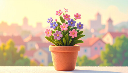 A handmade felt houseplant in a terracotta pot, illustrated in soft pastel tones