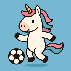 Illustration of a cute unicorn cartoon character is playing soccer with a football, a fun and magical animal mascot design for childrens illustration and decoration on a blue background