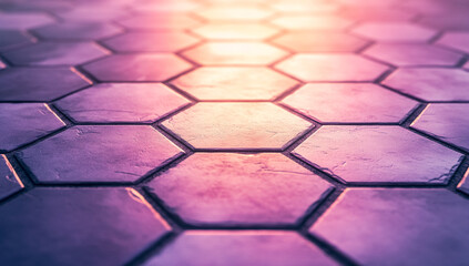 Abstract hexagonal pattern with glowing light emanating from a vanishing point on a textured surface