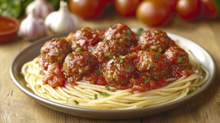 Plate of spaghetti with meatballs in tomato sauce