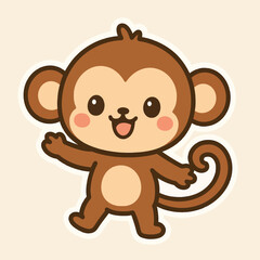 Illustration of cute monkey cartoon character illustration design vector sticker, adorable kawaii animal with happy face, playful mascot icon, sweet and cheerful wildlife primate, isolated