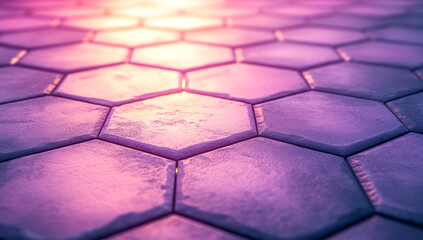Abstract hexagonal pavement pattern illuminated by vibrant pink and orange sunset light
