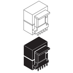 Vector illustration of an electrical transformer (trafo) with detailed isometric in black and outline style. Ideal for schematics, power distribution diagrams, and industrial engineering designs.