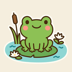 Illustration of cute cartoon frog isolated on white background, sitting on a lily pad in a pond, a sweet and cheerful amphibian with a happy face, perfect for childrens illustrations