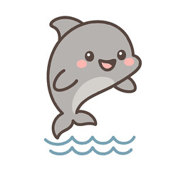 Illustration of adorable cartoon dolphin jumping out of the water, a cute and kawaii illustration perfect for childrens designs and marine themed decorations isolated on transparent