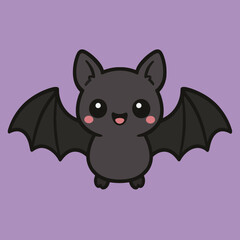 Obraz premium Illustration of a cute cartoon bat with wide, innocent eyes and outstretched wings hovers against a soft purple backdrop, embodying the playful spirit of halloween with a touch of kawaii